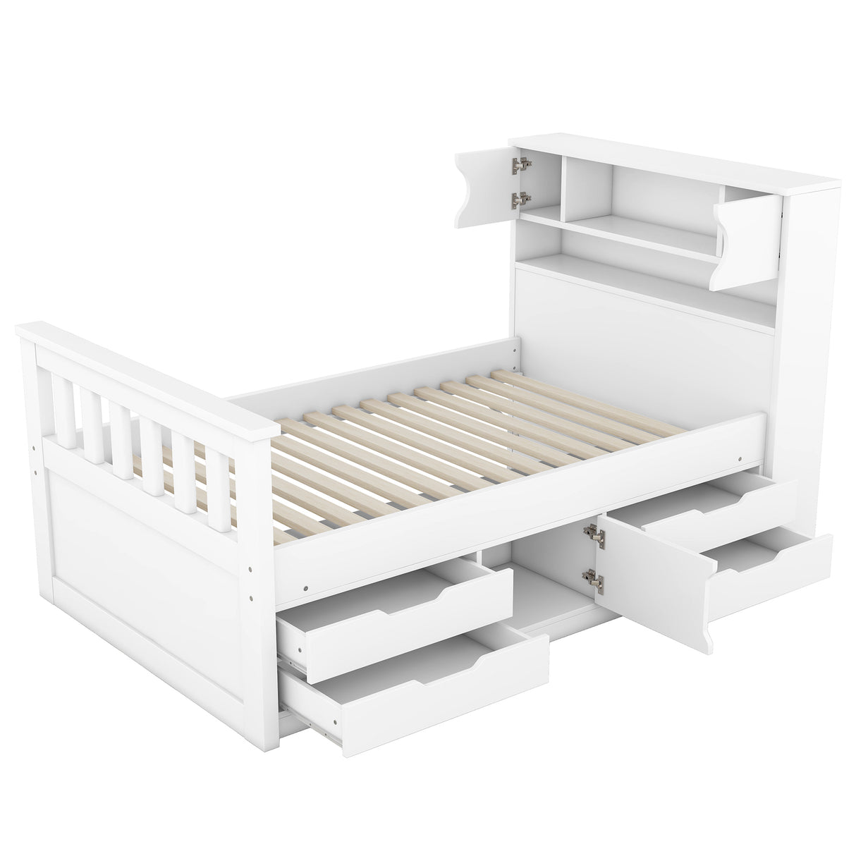 Twin Size Captain Platform Bed Frame with Storage Bookcases and Shelves,Four Drawers,White - V.I.P Digital Presence