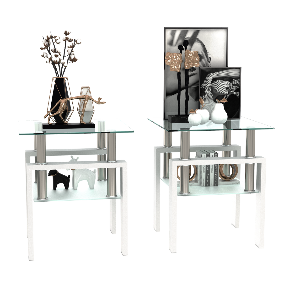 Set of 2, Modern Tempered Glass Tea Table Coffee Table End Table, Square Table for Living Room, Transparent/White - V.I.P Digital Presence