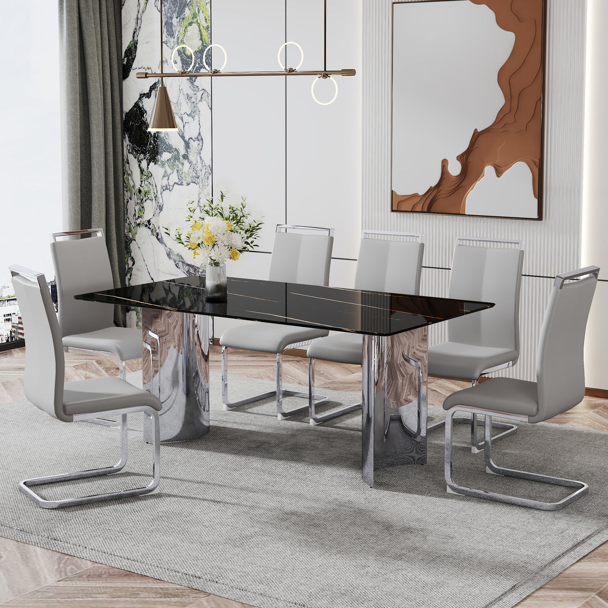 Modern minimalist dining table The black imitation marble glass desktop is equipped with silver metal legs - V.I.P Digital Presence