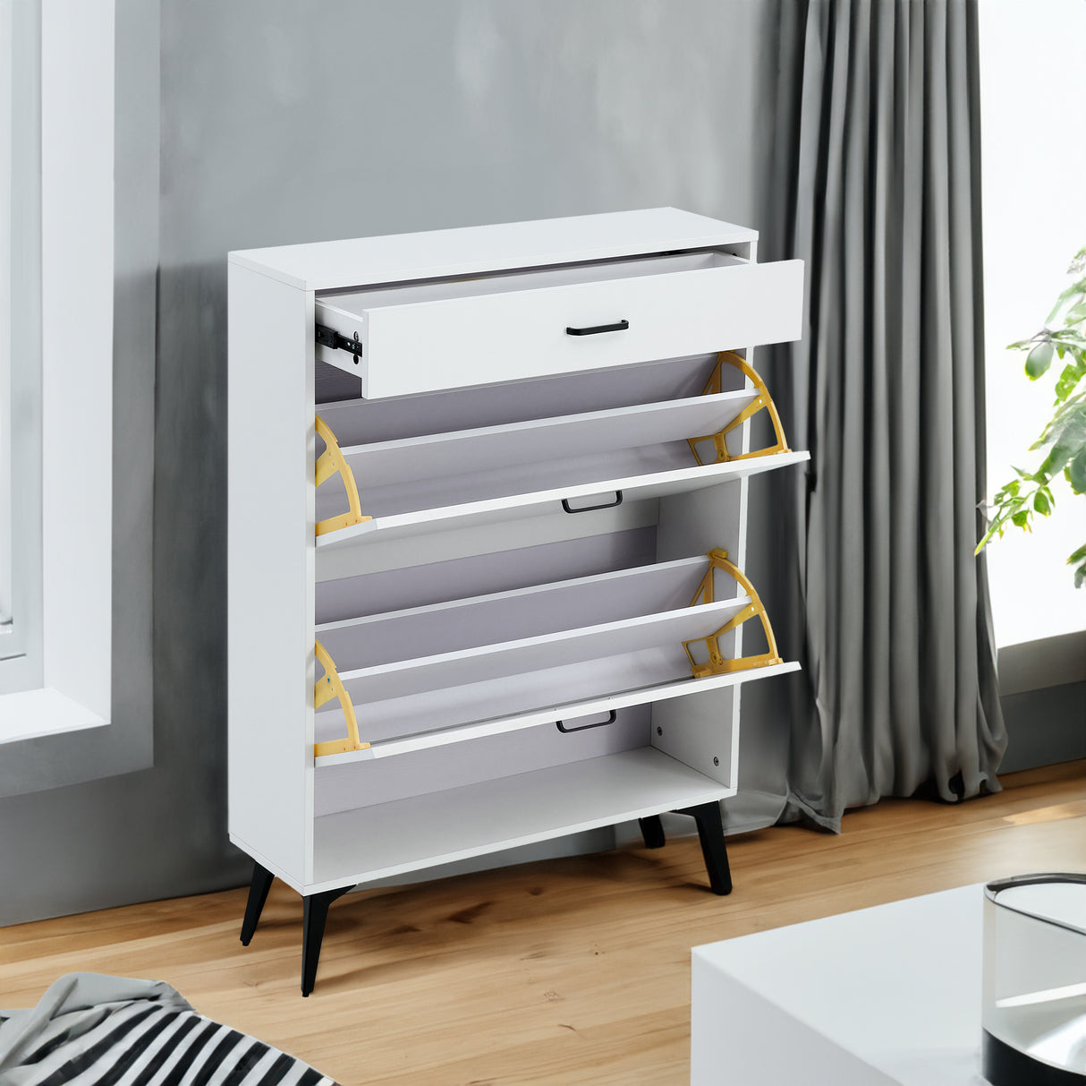 Shoe Cabinet , Shoe storage shelves, metal leg, White - V.I.P Digital Presence