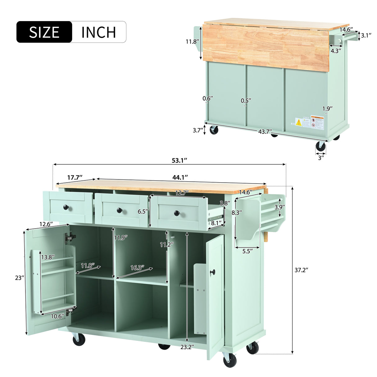 Kitchen trolley, cabinet door internal storage rack with storage cabinet and 3 dining room drawers, mint green - V.I.P Digital Presence