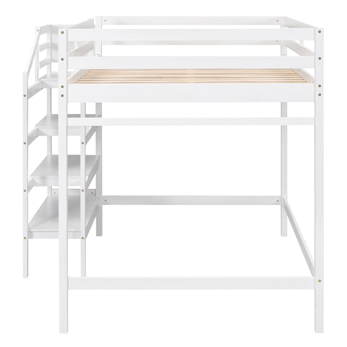 Full Size Loft Bed with Built-in Storage Staircase and Hanger for Clothes White