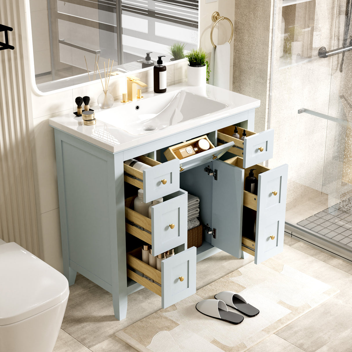 36 inch bathroom vanity with resin sink combination set with 6 drawers and 2 cabinets, storage cabinet vanity set, light blue - V.I.P Digital Presence