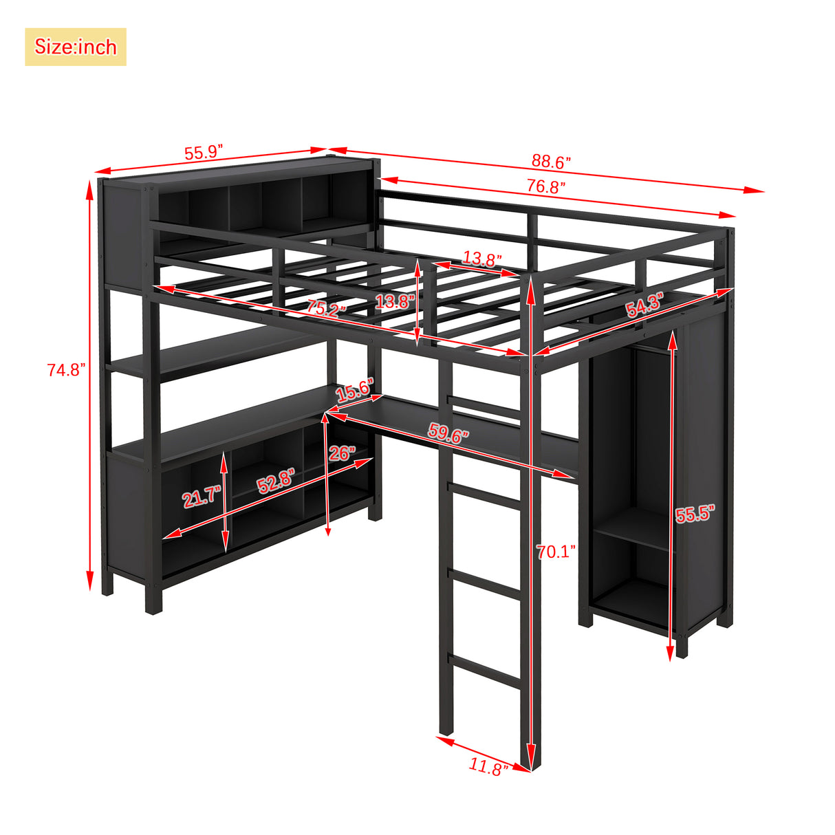 Metal loft bed with wardrobe and L-shaped desk, full-size loft bed with storage cabinet and shelf, heavy-duty loft bed, black - V.I.P Digital Presence