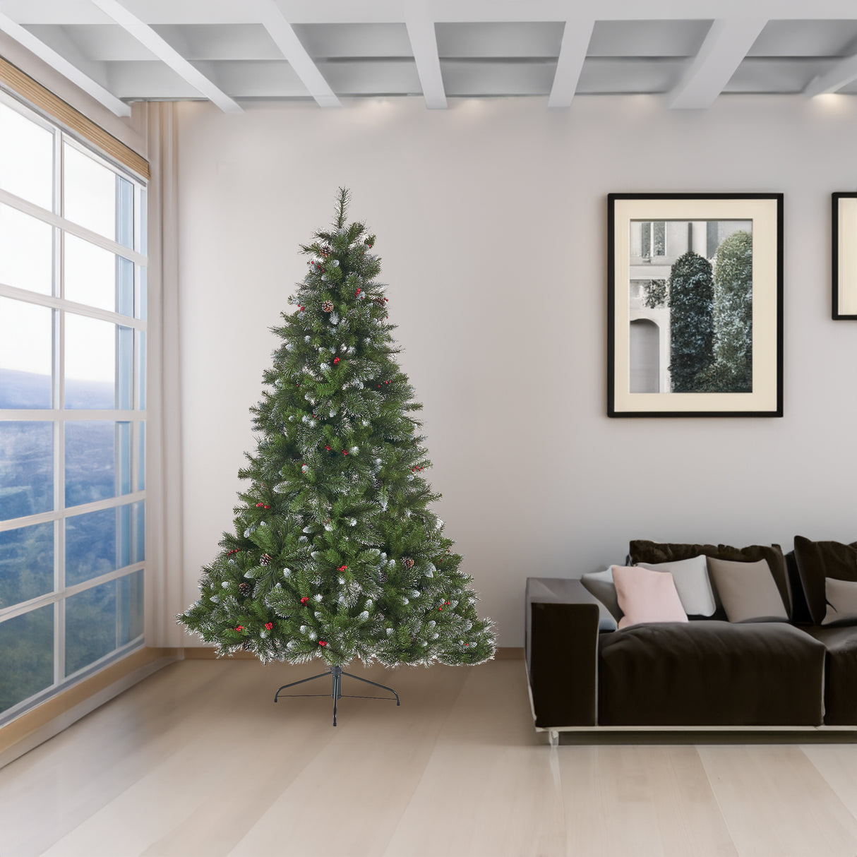 9' Glitter Bristle Mixed Hinged Tree with 72 Red Berry and 73 Pine Cones and 2099 tips,Dia:66 - V.I.P Digital Presence