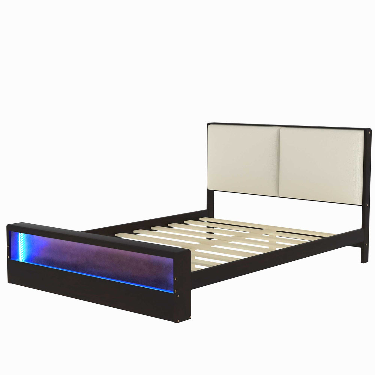 Queen Size Platform Bed Frame with Upholstery Headboard and Bookshelf in Footboard and LED Light Strips, Espresso - V.I.P Digital Presence