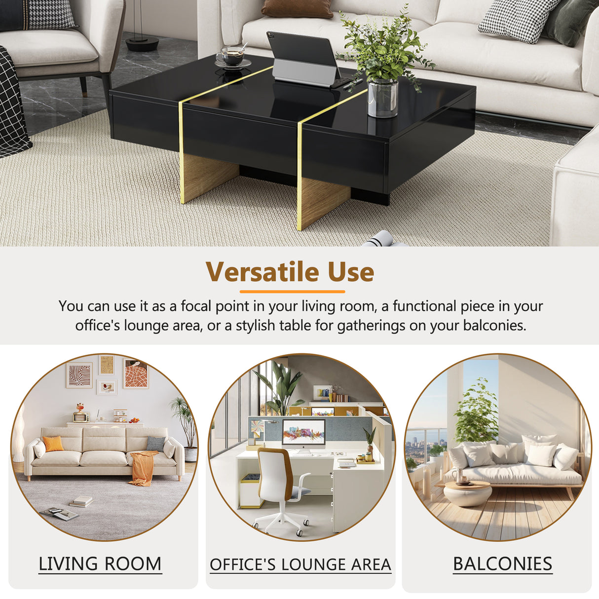 ON-TRANS 47.2 inch x 31.4 inch multifunctional rectangular sofa table with 2 drawers and gold wood grain leg center table, black - V.I.P Digital Presence