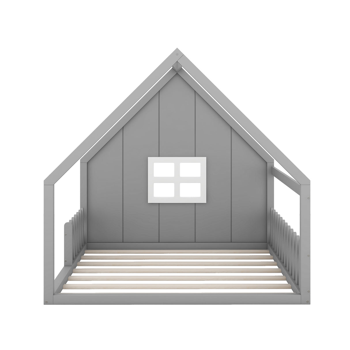 Full Size Wood House Bed with Window and Fence Gray