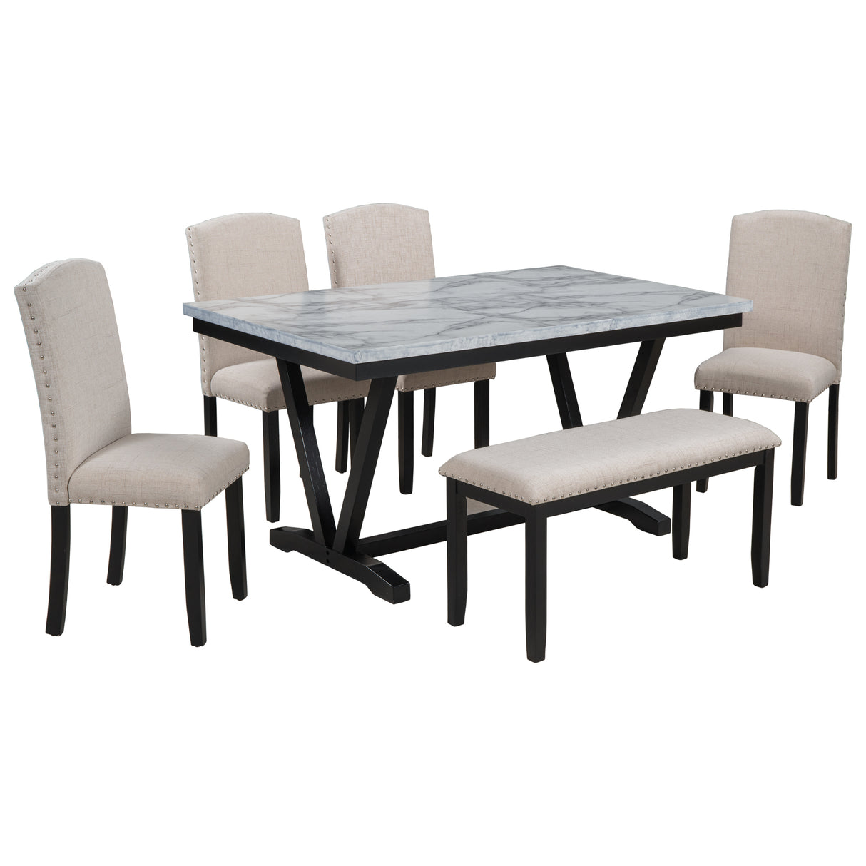 TREXM Modern Style 6-piece Dining Table with 4 Chairs & 1 Bench (White)