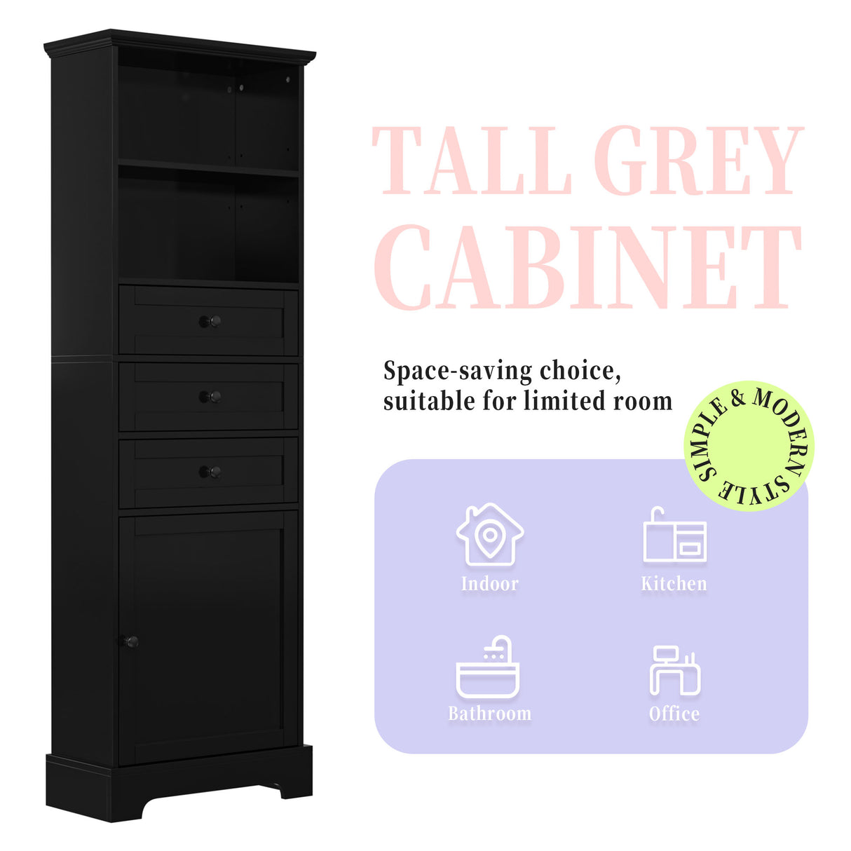 Black high storage cabinet with 3 drawers and adjustable shelves, MDF board painted - V.I.P Digital Presence