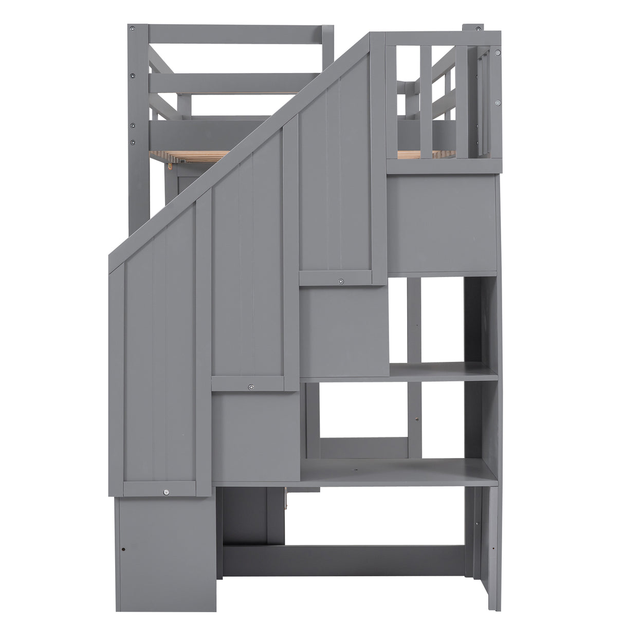 Twin Size Loft Bed with Wardrobe and Staircase Desk and Storage Drawers and Cabinet in 1 Gray