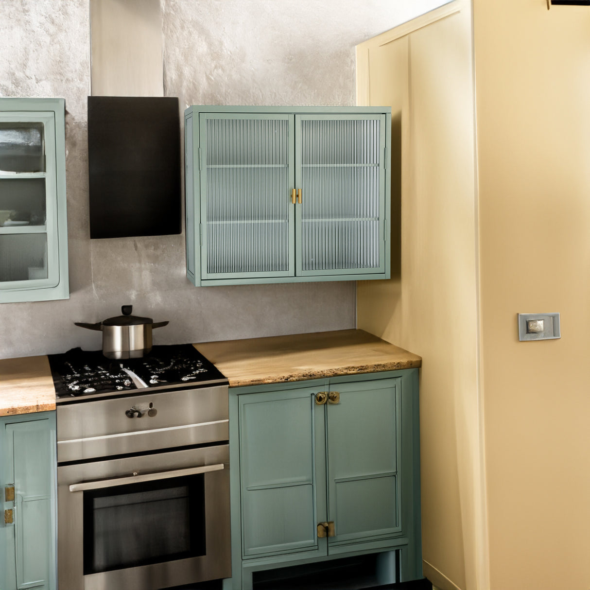 Retro Style Haze Double Glass Door Wall Cabinet With Detachable Shelves for Office Dining Room Living Room Kitchen