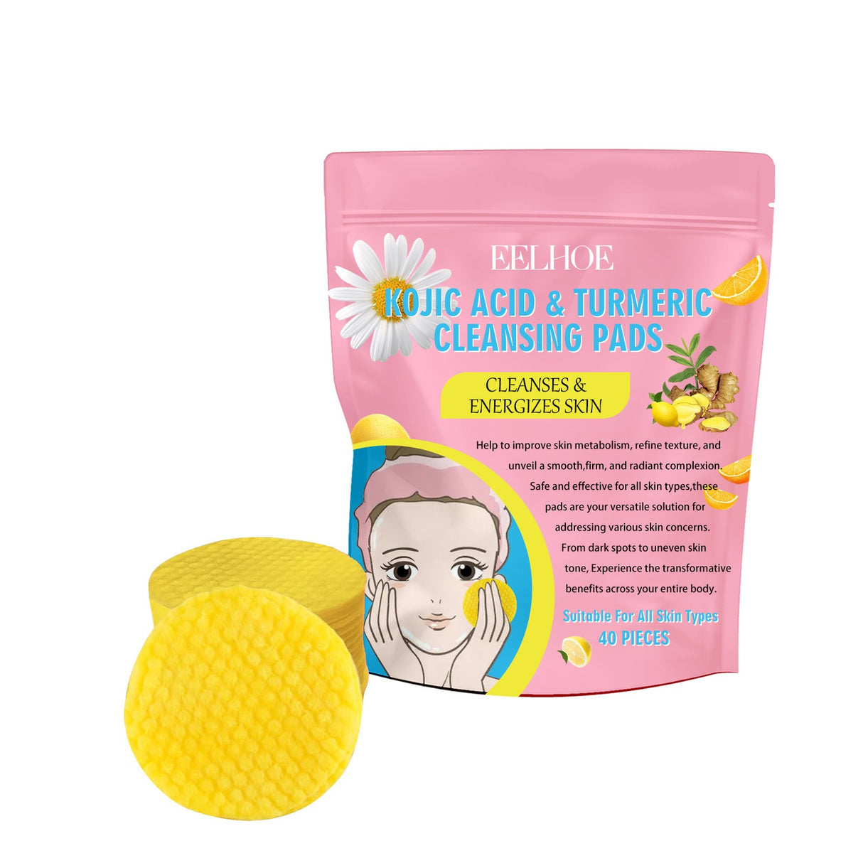 EELHOE Turmeric Kojic Acid Cleansing Pads Exfoliating Pads Facial Sponges For Cleansing Exfoliating Daily Cleansing Skin Care (40 PCS) - V.I.P Digital Presence
