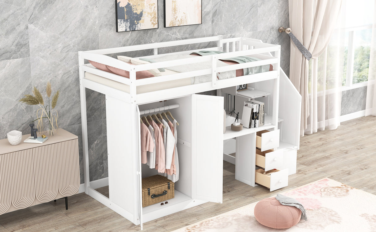 Twin Size Loft Bed with Wardrobe and Staircase, Desk and Storage Drawers and Cabinet in 1 White