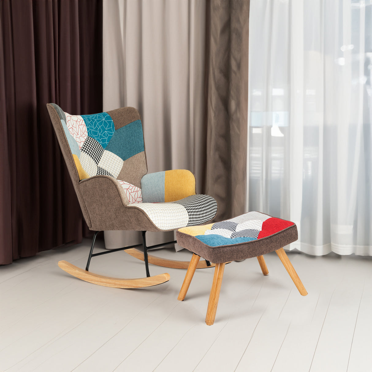 Rocking Chair with ottoman, Mid Century Fabric Rocker Chair with Wood Legs and Patchwork Linen for Livingroom Bedroom - V.I.P Digital Presence