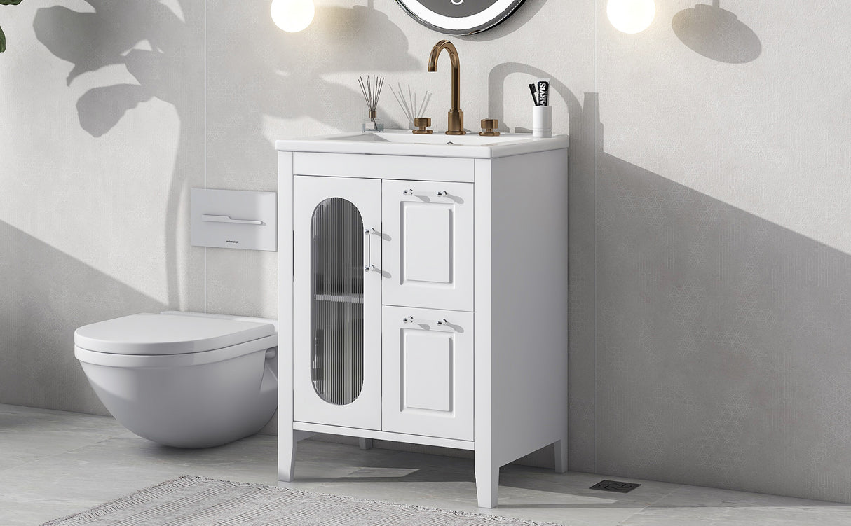 24" Bathroom Vanity with Sink, Bathroom Vanity Cabinet with Two Drawers and Door, Adjustable Shelf, Solid Wood and MDF, White - V.I.P Digital Presence