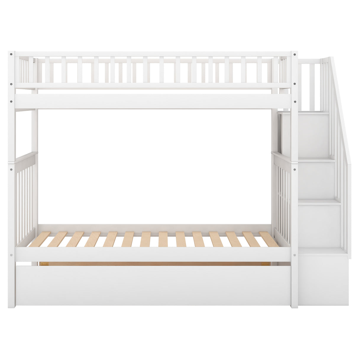 Twin over Twin Bunk Bed with Trundle and Storage White