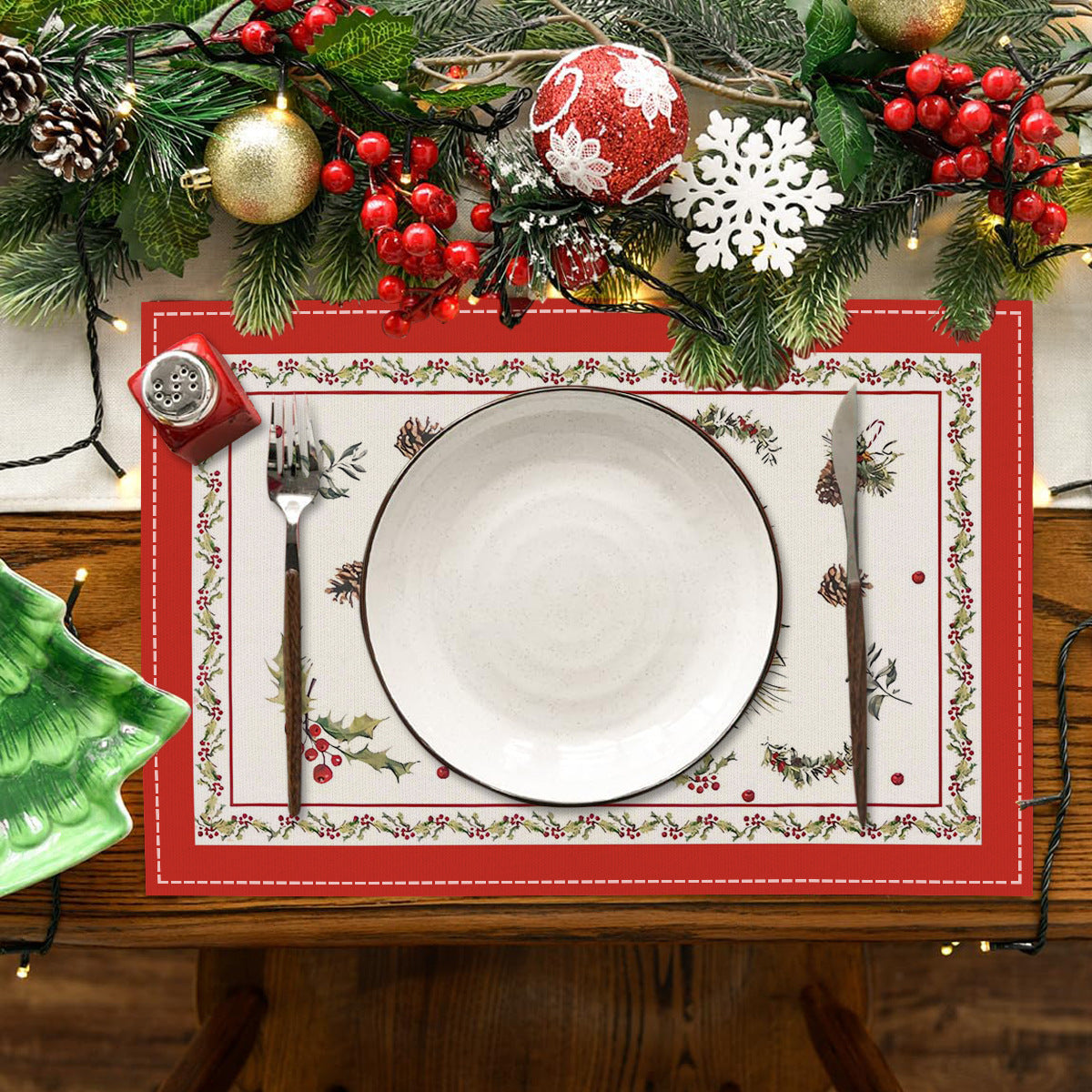 Christmas tree bell print placemat red striped plaid linen table mat Christmas party decoration insulation mat - V.I.P Digital Presence