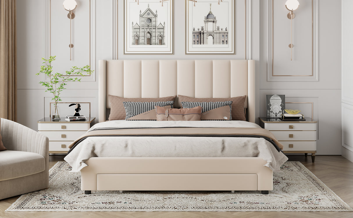 Queen Size Storage Bed Velvet Upholstered Platform Bed with a Big Drawer - Beige - V.I.P Digital Presence