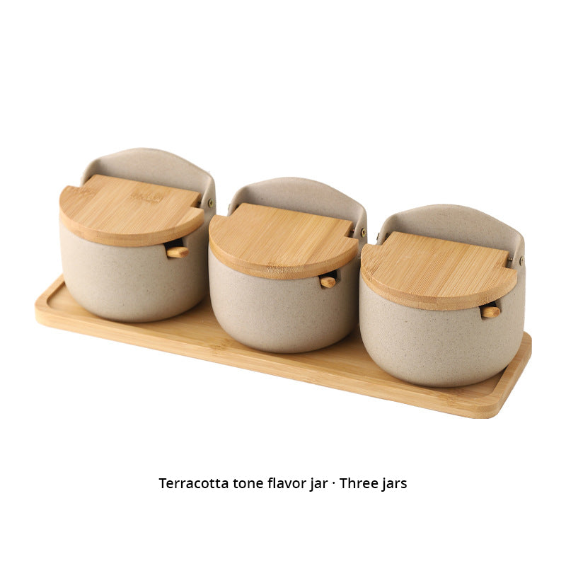 Japanese Ceramic Bamboo and Wood Lid Seasoning Jar Seasoning Box Kitchen Seasoning Storage Jar Salt Sugar Jar Set - V.I.P Digital Presence