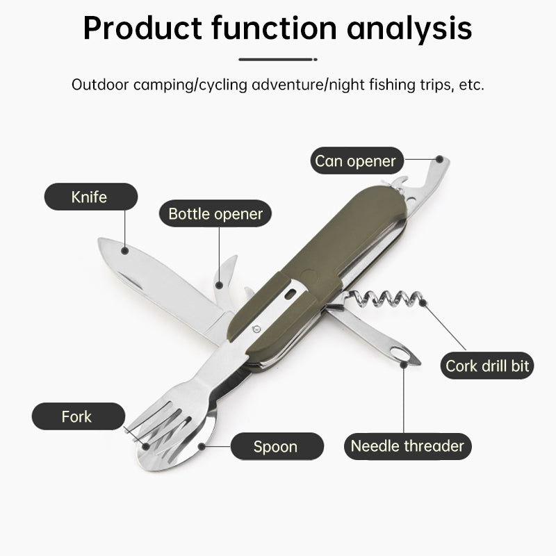 7-in-1 multifunctional stainless steel foldable outdoor camp tableware: fork, spoon, knife. Survival tools for picnic, camping.