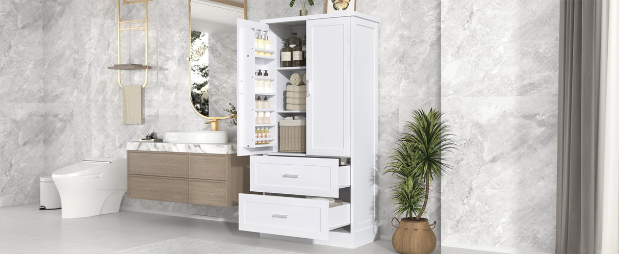 Tall Bathroom Storage Cabinet, Cabinet with Two Doors and Drawers, Adjustable Shelf, MDF Board, White - V.I.P Digital Presence