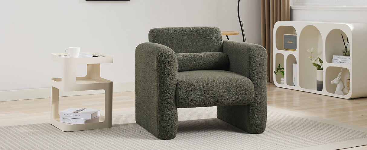 Modern style chair with sheepskin Sherpa fabric soft cushion, comfortable armchair, soft with backrest and pillow, seaweed green - V.I.P Digital Presence