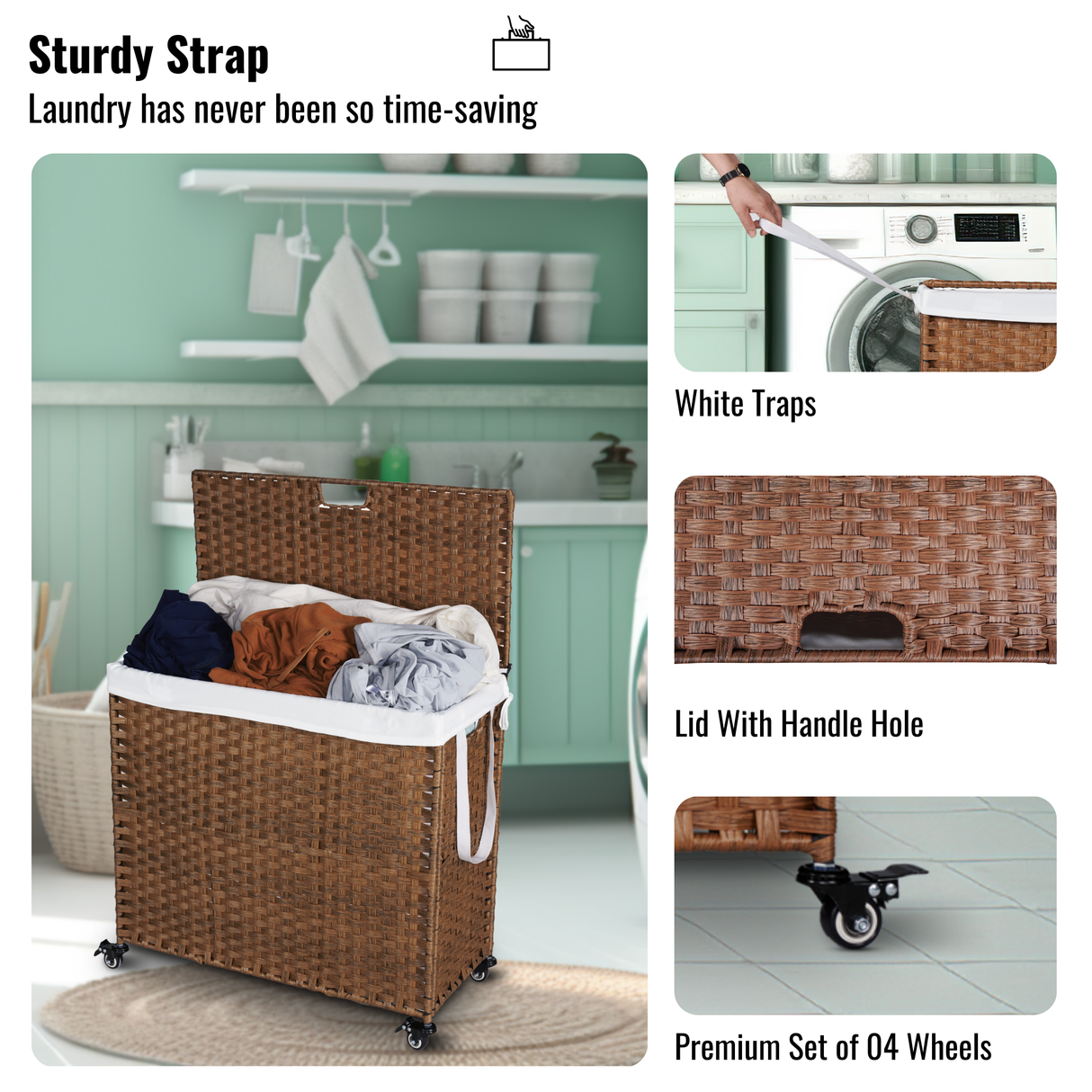 Laundry Hamper With Lid PE Rattan Powder Coating Frame Clothes Hampers with 02 Removable Bags, Wheels, 160L, Brown Color - V.I.P Digital Presence