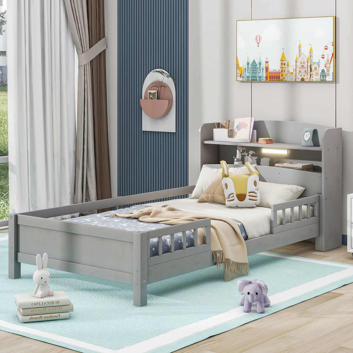 Wood Twin Size Platform Bed with Built-in LED Light Storage Headboard and Guardrail Antique Grey