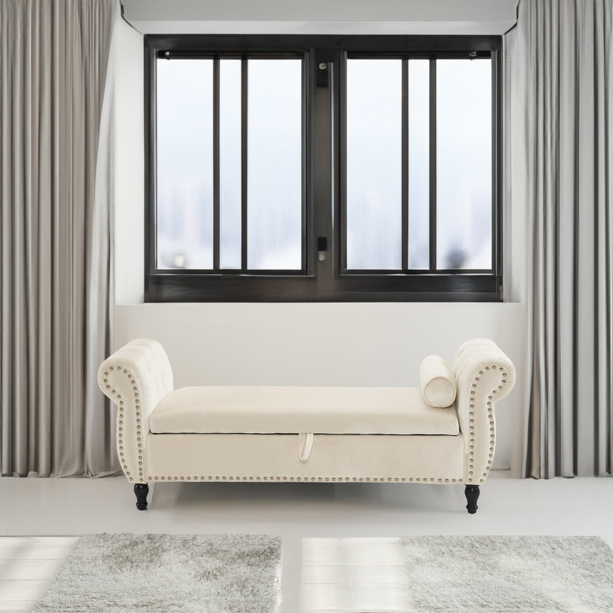 Velvet Multifunctional Storage Rectangular ottoman bench with 1 Pillow, Beige - V.I.P Digital Presence