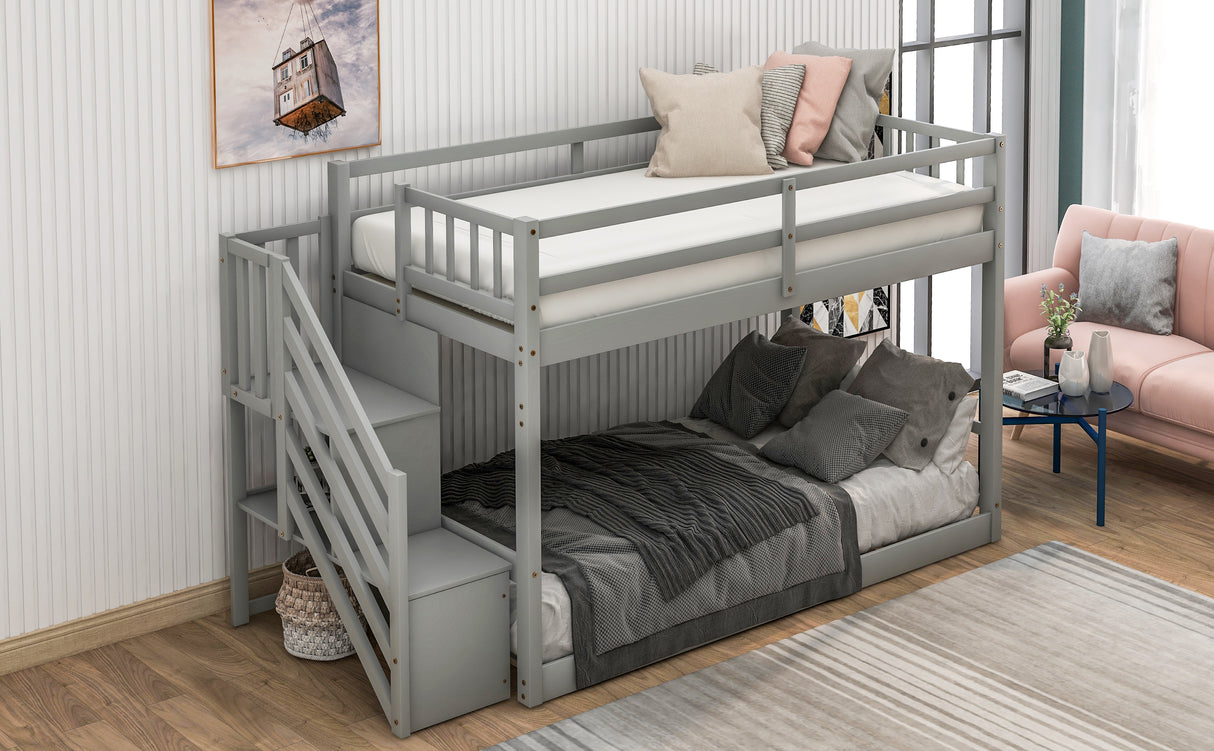 Twin over Twin Floor Bunk Bed, Ladder with Storage Gray