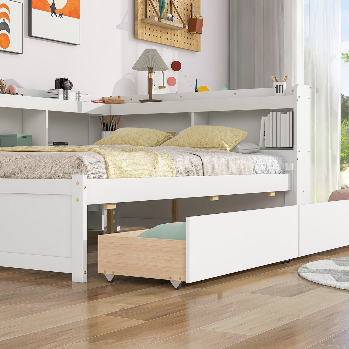Full Bed with L-shaped Bookcases, Drawers ,White - V.I.P Digital Presence