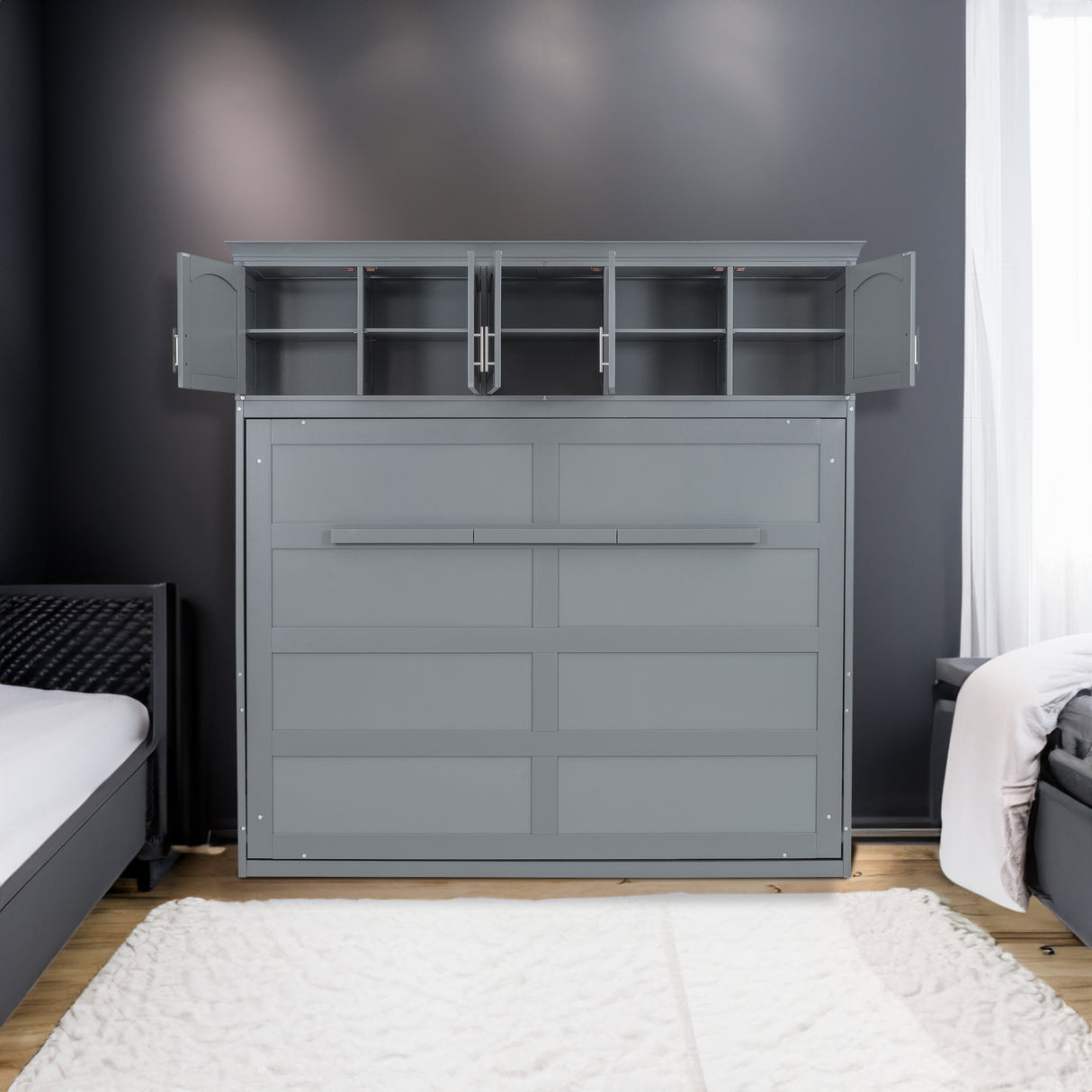 Full Size Murphy Bed Wall Bed with Top Cabinets,Gray - V.I.P Digital Presence
