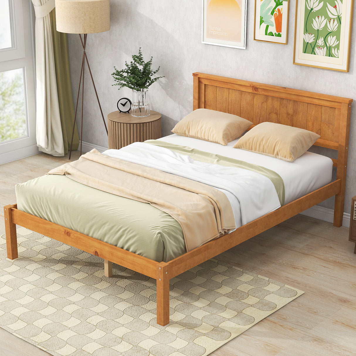 Platform Bed Frame with Headboard, Wood Slat Support No Box Spring Needed Full Oak