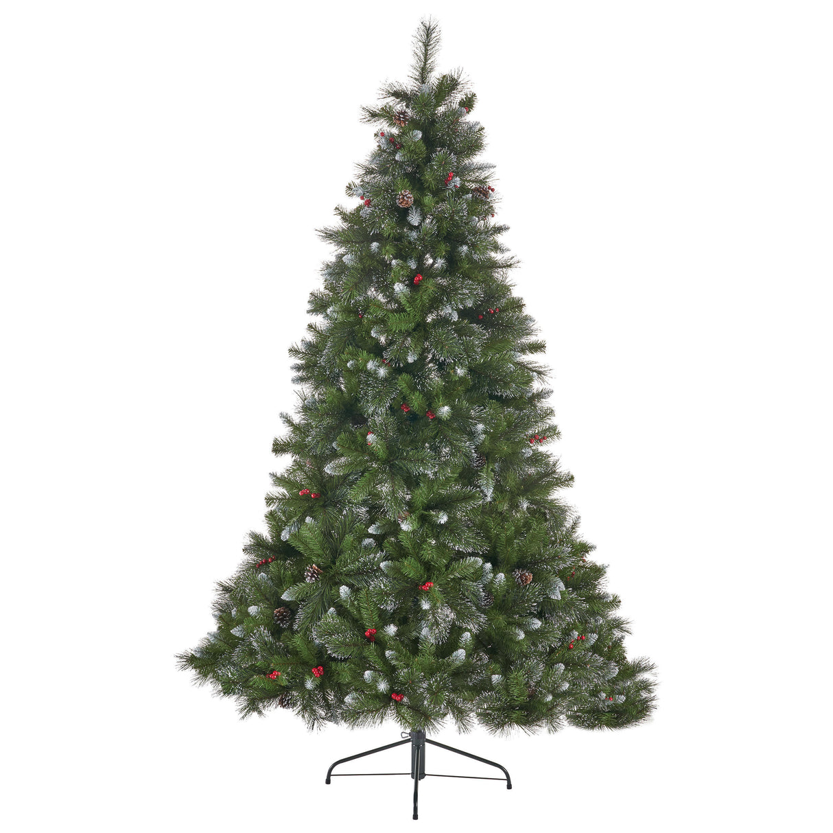 9' Glitter Bristle Mixed Hinged Tree with 72 Red Berry and 73 Pine Cones and 2099 tips,Dia:66 - V.I.P Digital Presence