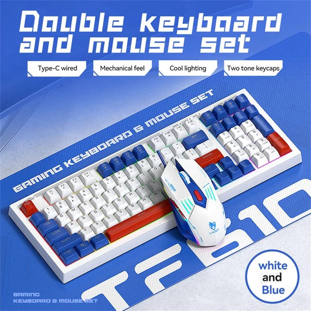 T-WOLF TF610 Keyboard and Mouse Game Keyboard and Mouse Set Mech Style Wired Esports Double Color White and Blue - V.I.P Digital Presence