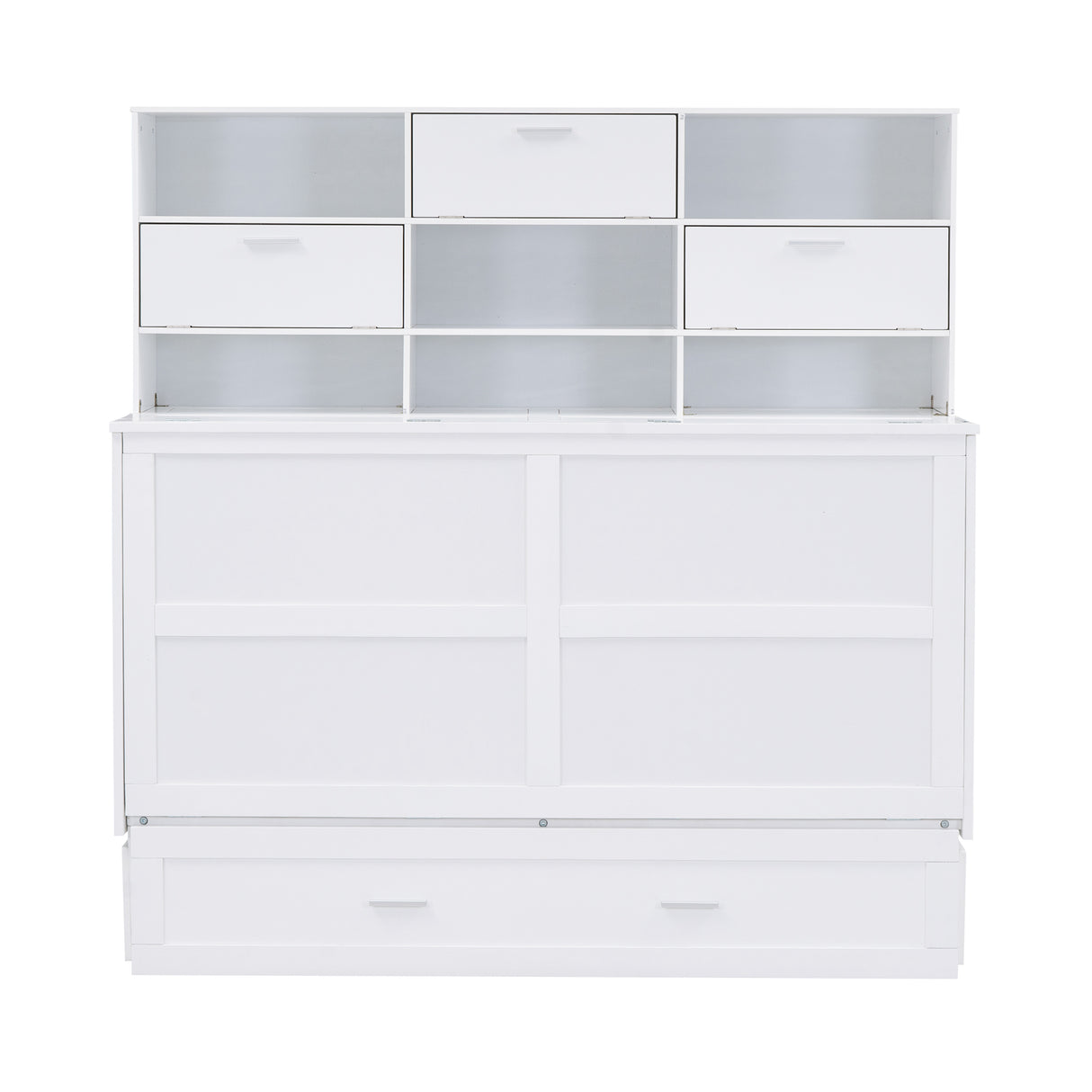 ueen Size Murphy Bed with Bookcase, Bedside Shelves and a Big Drawer, White