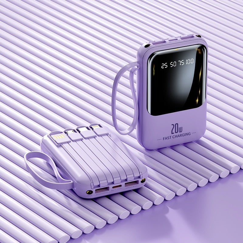 Mini banco de energía portátil de carga rápida de gran capacidad de 20000 mAh con línea autónoma