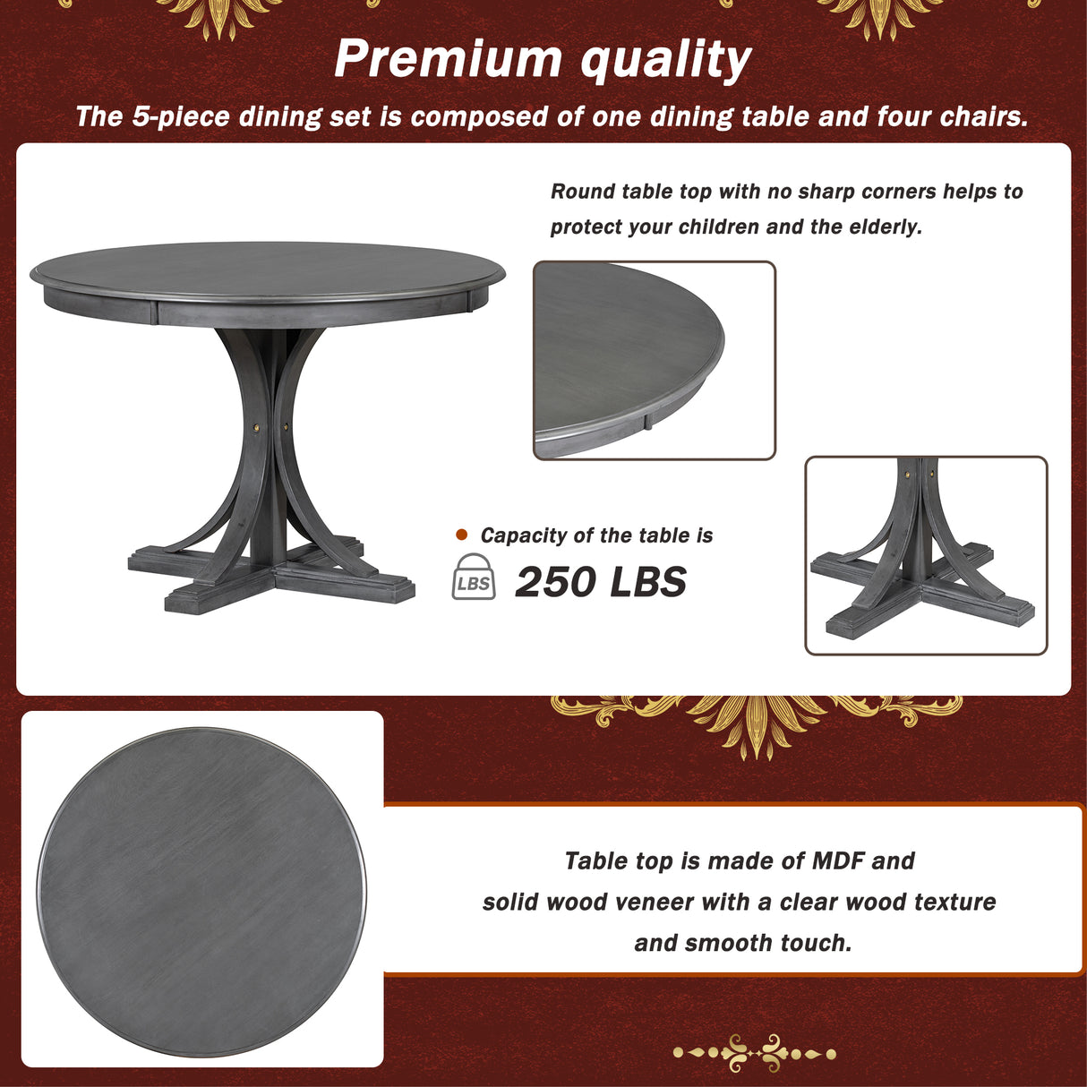 TREXM Five Piece Retro Round Dining Table Set with Curved Brackets and 4 Restaurant Cushioned Chairs (Dark Gray)