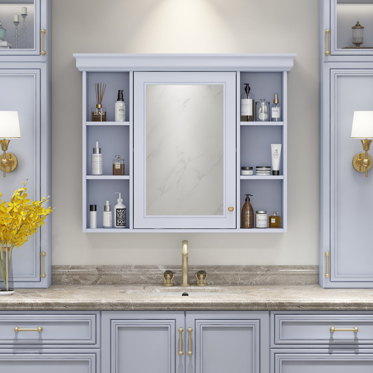 35'' x 28'' Blue Wall Mounted Bathroom Storage Cabinet with Mirror Door, Modern Bathroom Wall Cabinet with Mirror - V.I.P Digital Presence