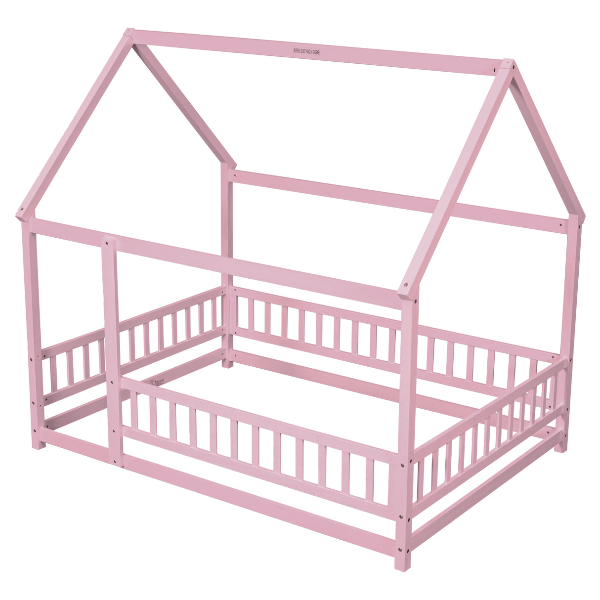 Full Size Floor Wooden Bed with House Roof Frame, Fence Guardrails ,Pink - V.I.P Digital Presence