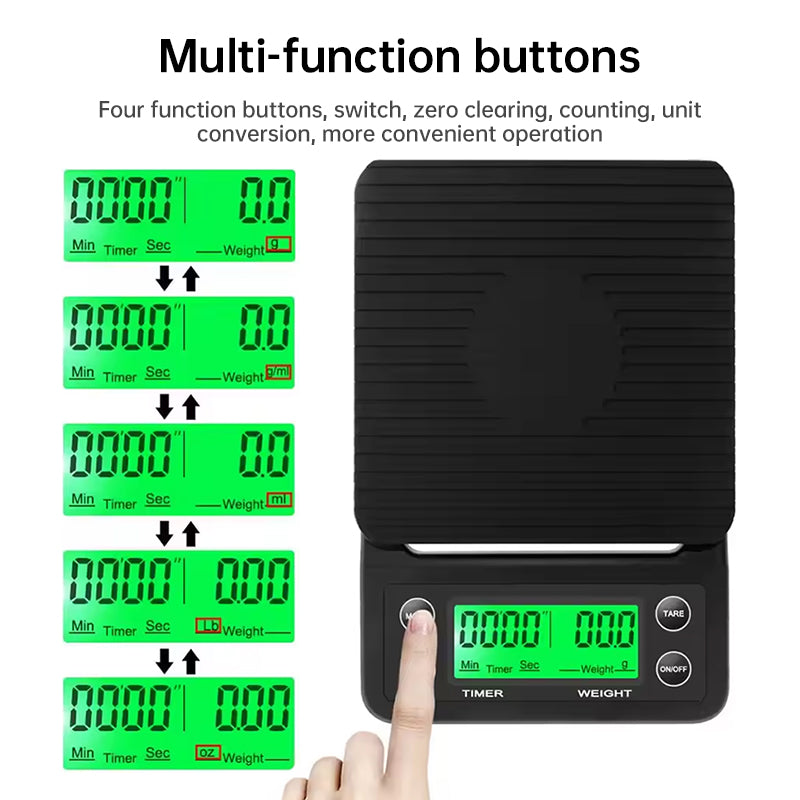 Digital kitchen coffee scale with timer, high - precision LCD, 5kg/0.1g - V.I.P Digital Presence