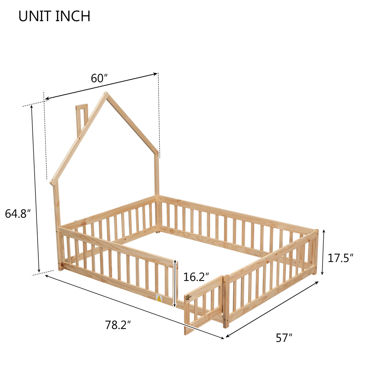 Full House-Shaped Headboard Floor Bed with Fence Natural - V.I.P Digital Presence