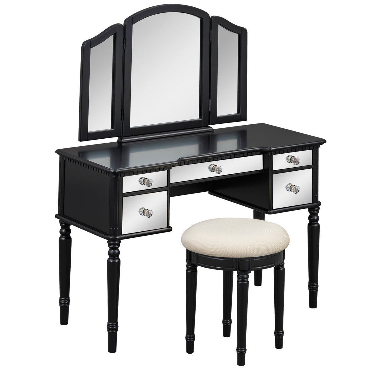 GO 43" Dressing Table Set with Mirrored Drawers and Stool, Tri-fold Mirror, Makeup Vanity Set for Bedroom, Black - V.I.P Digital Presence