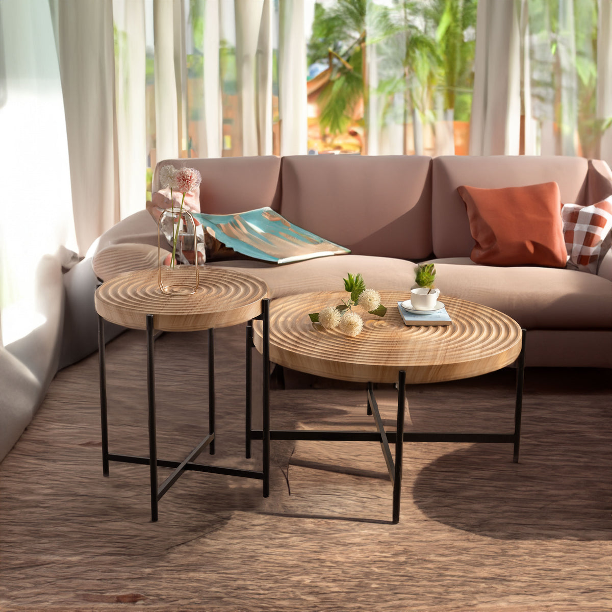 Modern Thread Design Round Coffee Table MDF Table Top with Cross Legs Metal Base(Set of 2 pcs )