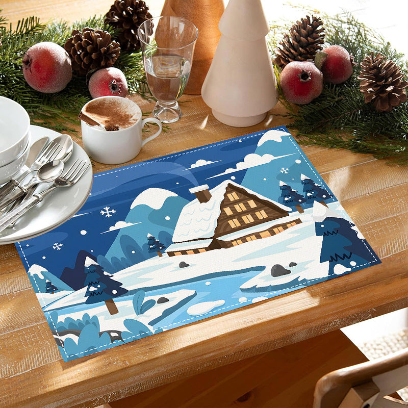 Christmas placemat white hemp Christmas scenery print home table mat living room dining table coaster - V.I.P Digital Presence