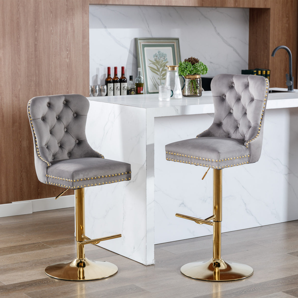 Thick gold rotating velvet bar stool with adjustable seat height of 25-33 inches and backrest (gray, set of 2 pieces)