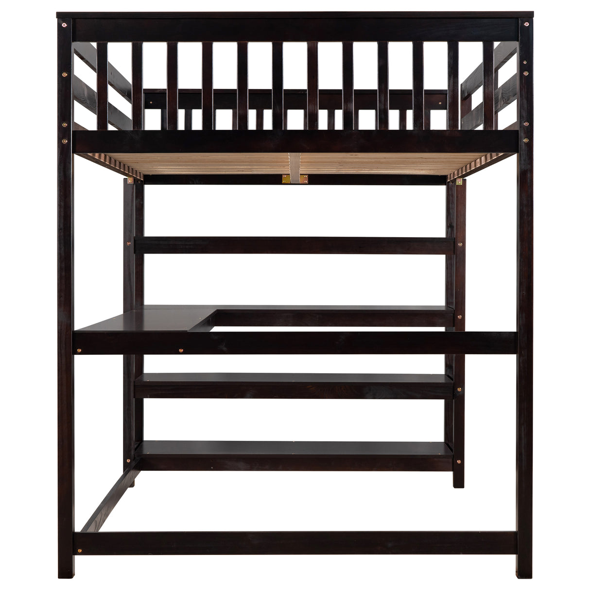Full Size Loft Bed with Storage Shelves and Under-bed Desk Espresso