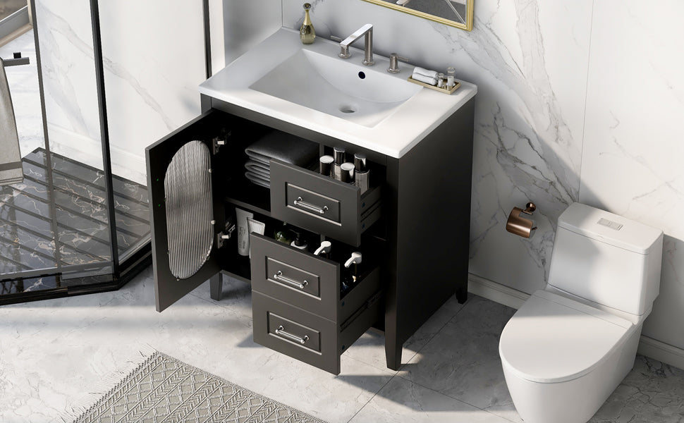 30" Bathroom Vanity with Sink, Bathroom Vanity Cabinet with Two Drawers and Door, Adjustable Shelf, Solid Wood and MDF, Black - V.I.P Digital Presence