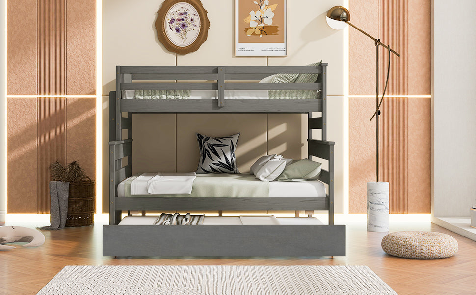 Wood Twin over Full Bunk Bed with Twin Size Trundle Gray